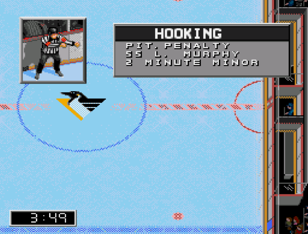 NHL '96 Screenshot of a hooking penalty.