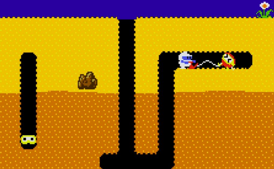 "Dig Dug" screenshot exploding a Pooka enemy.