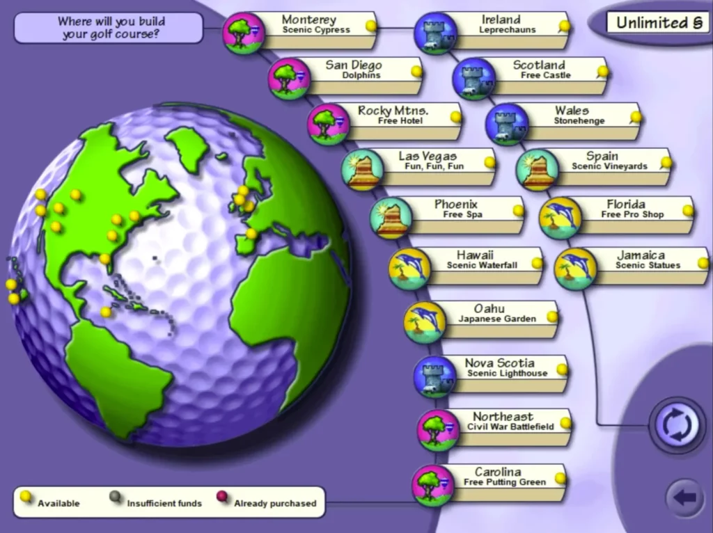 Sid Meier's SimGolf course selection screen