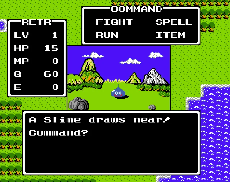 The combat system in Dragon Quest with a blue slime