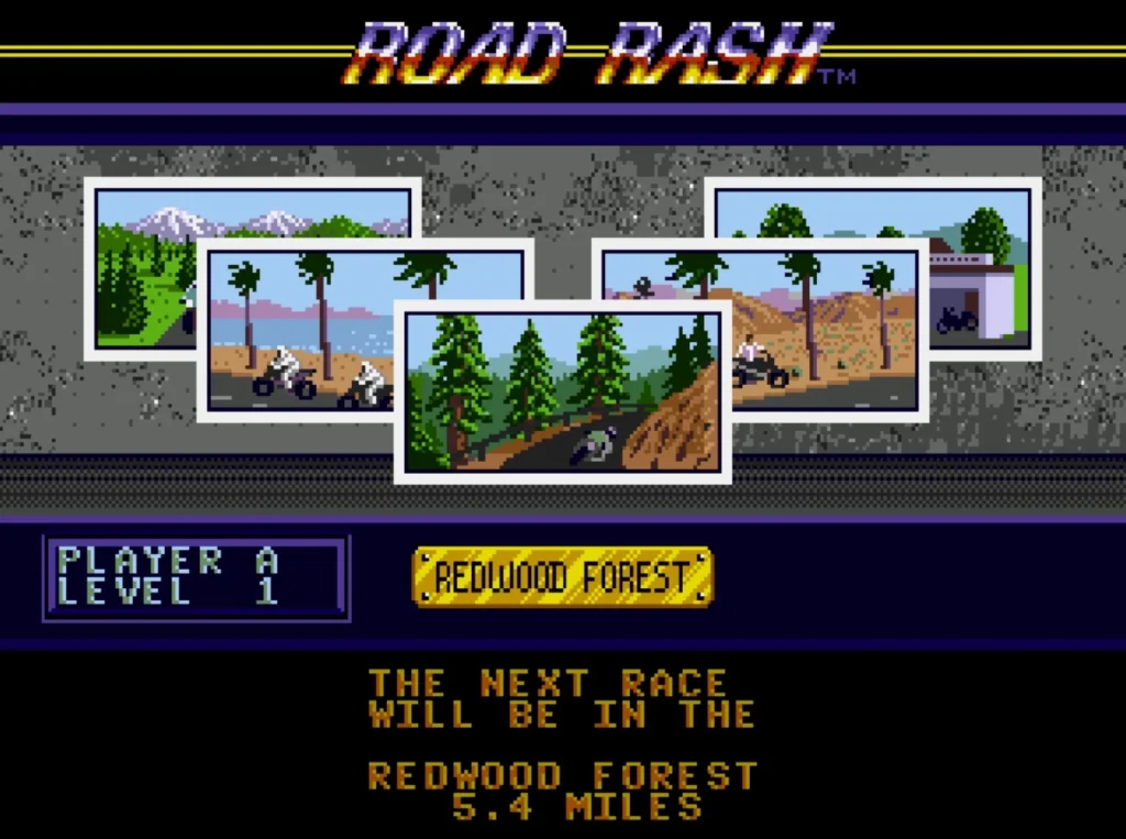 Road Rash course/level select screen