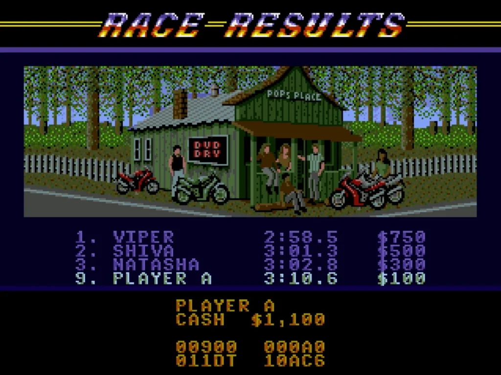 Road Rash race results screen - Pop's Place